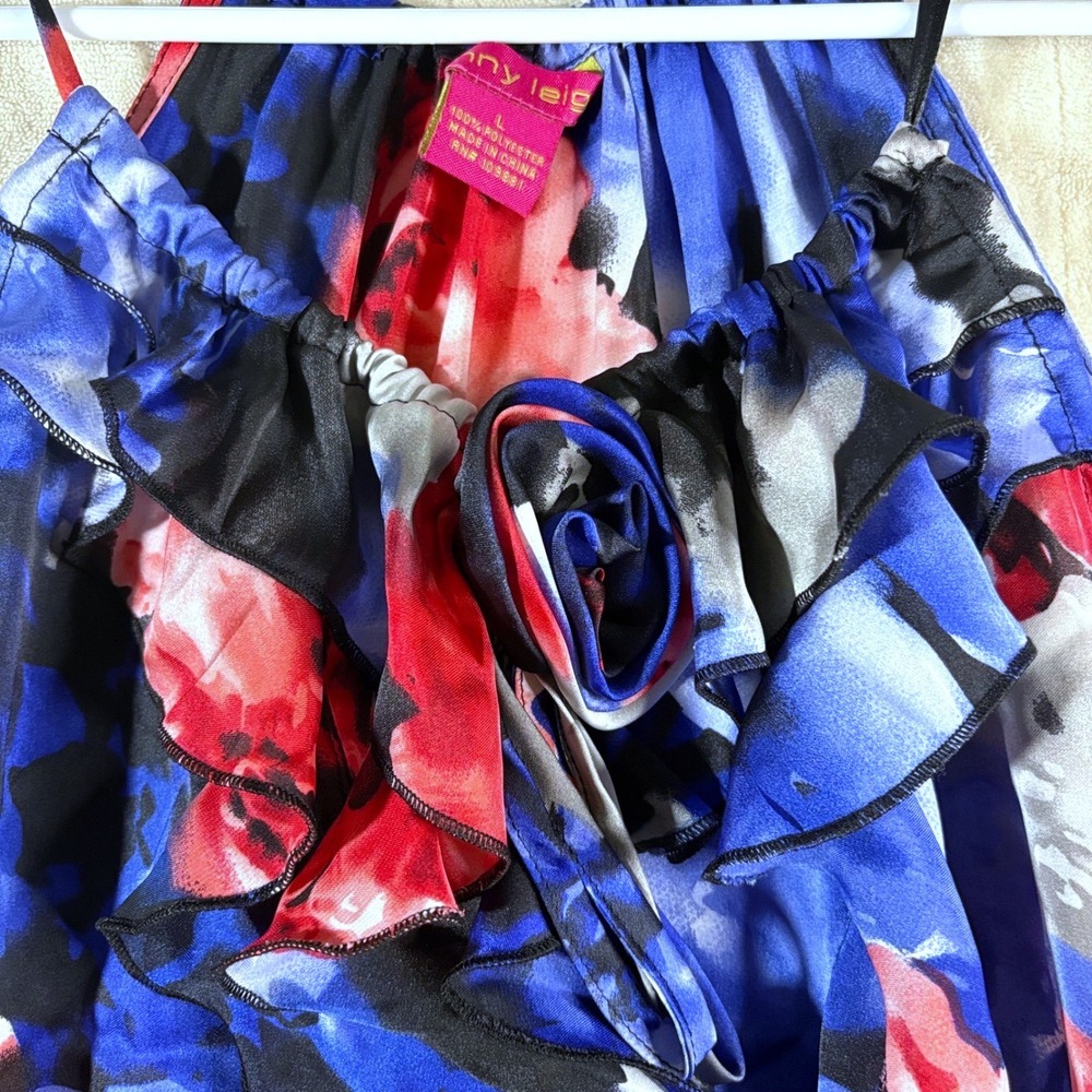 Y2K Women's Silky Floral Ruffle Sleeveless Top - Red, Blue, and Gray Size Large - Picture 4 of 13